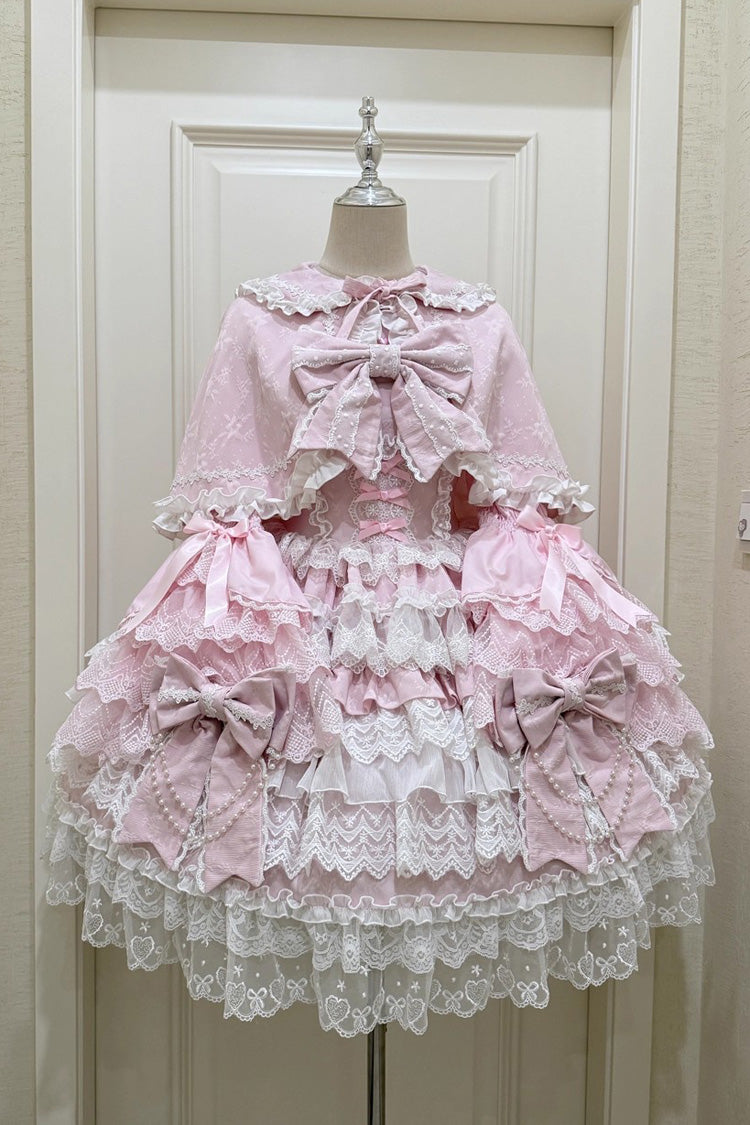 Pink Crossed Heart Knot Sleeveless Multi-Layered Ruffle Hanayome Cardigan Bow Lace Lace-Up Sweet Jsk Dress