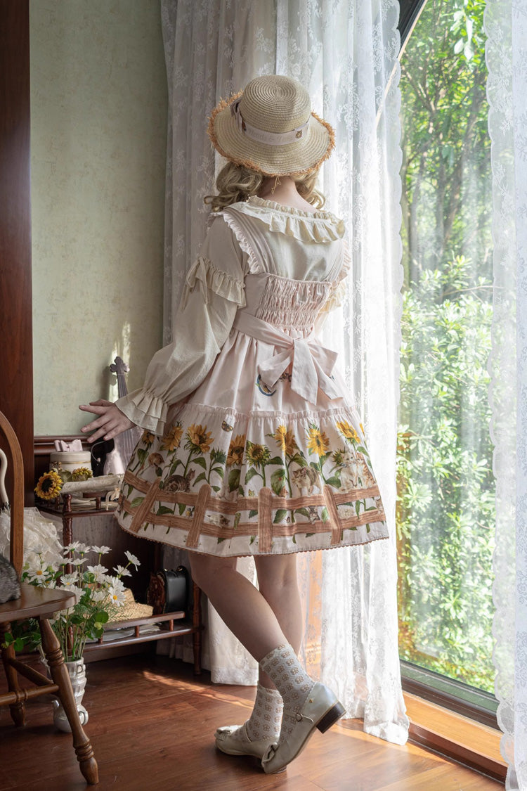 Sunflower-Print Bow-Adorned Sweet Lolita JSK Dress in Two Tones
