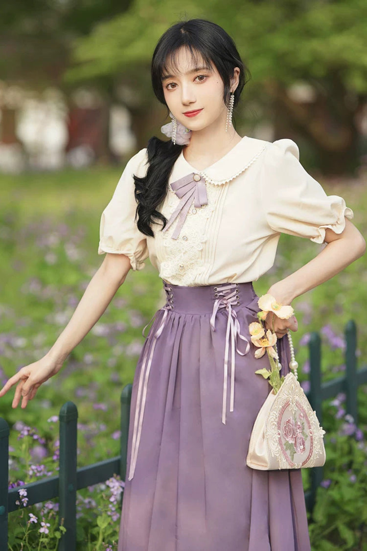 Solid Color Lapel Collar Short Sleeves High Waist Lace-Up Wave Hem Classic Lolita Two-Piece Set 7 Colors