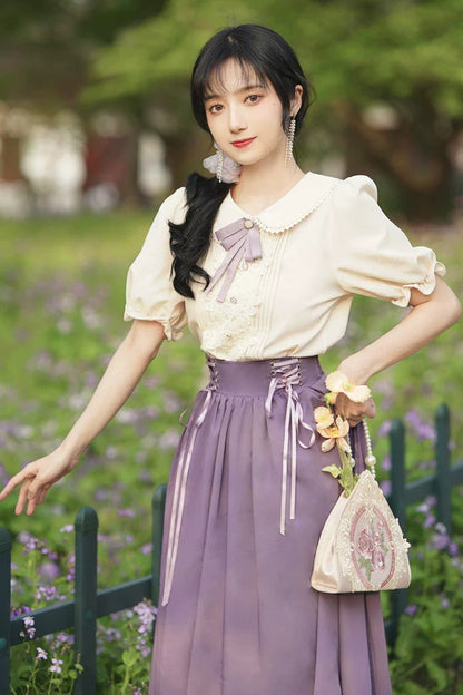 Solid Color Lapel Collar Short Sleeves High Waist Lace-Up Wave Hem Classic Lolita Two-Piece Set 7 Colors