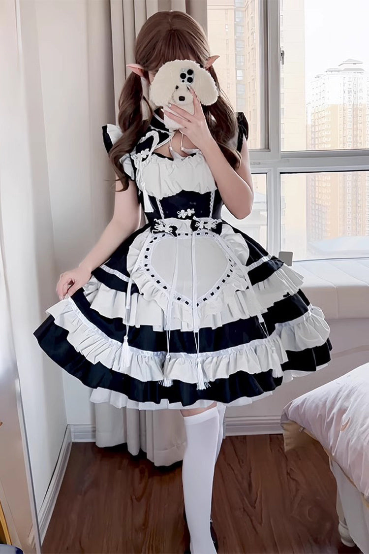 Black and Ivory Love Double Layer Ruffle Bow Sweet Plus Size Chinese Lolita Ensemble