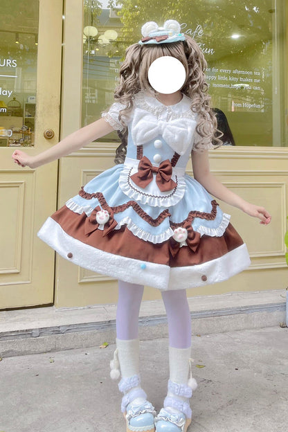 Blue/Brown Sweet Lolita Winter Ruffle Bowknot JSK Dress