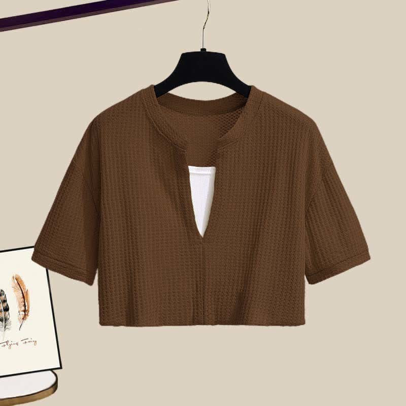 Pieces Set Casual Crop Top Fake Pants Two T-Shirt