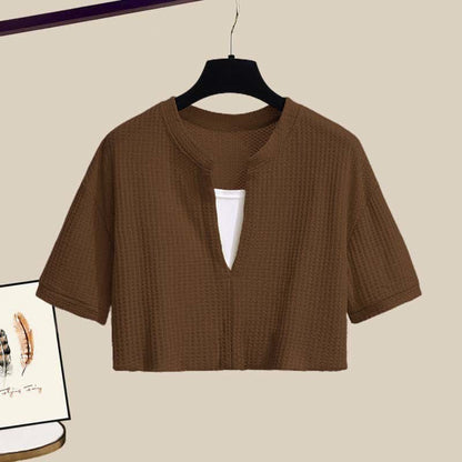 Pieces Set Casual Crop Top Fake Pants Two T-Shirt