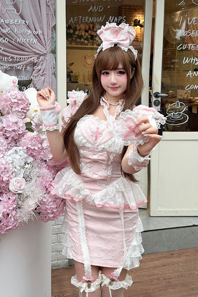 Rose Square Collar Short Sleeve Jacquard Ruffle Embroidered Bow Lace Chinese Sweet Lolita Two-Piece - Little Nurse