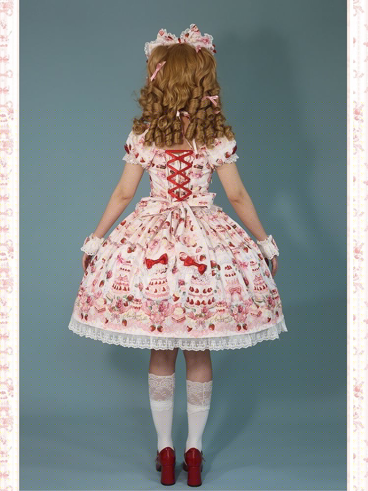 Strawberry Cake Print White Sweet Bow Accents Lolita Dress / Full Set