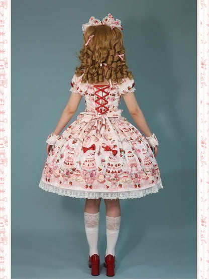 Strawberry Cake Print White Sweet Bow Accents Lolita Dress / Full Set