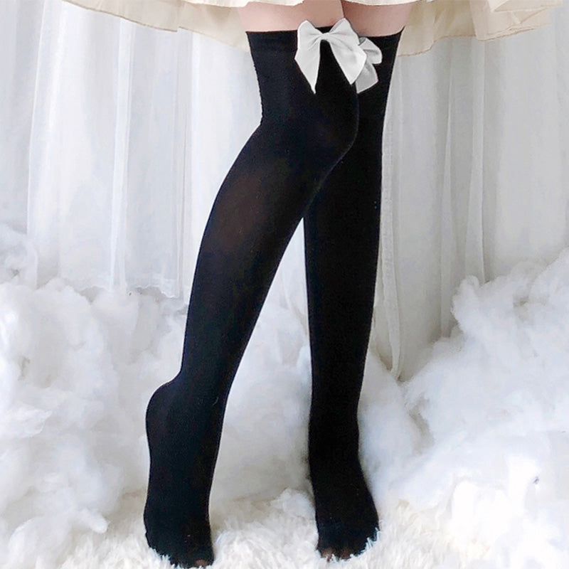 Bow Decor Pure Color Lolita Stockings