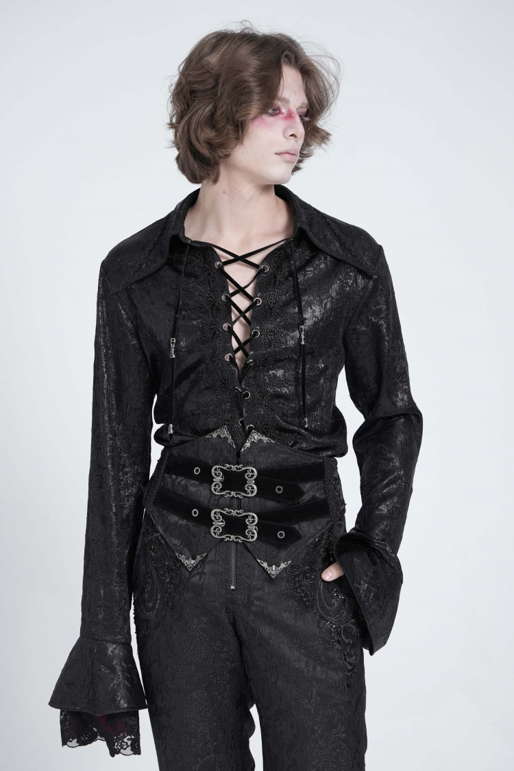 Men's Swallowtail Blouse with Lace-Up and Flared Sleeves