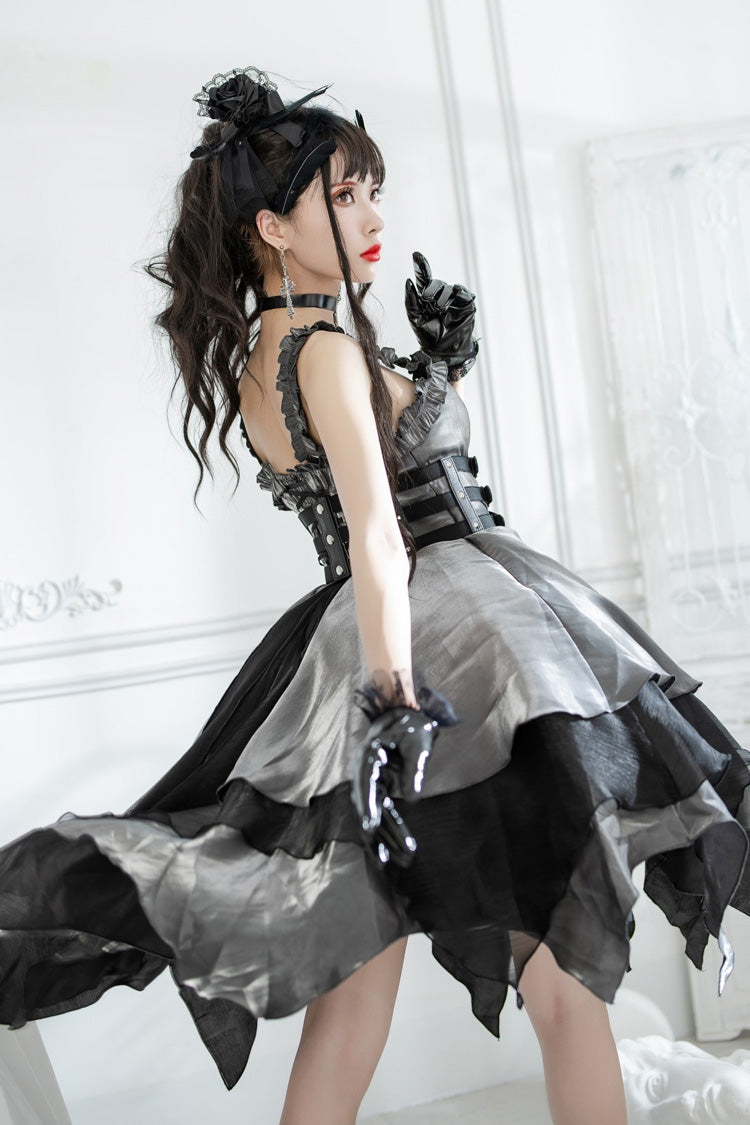 Silver/Grey Gothic Lolita Multi-Layered Asymmetric JSK Dress