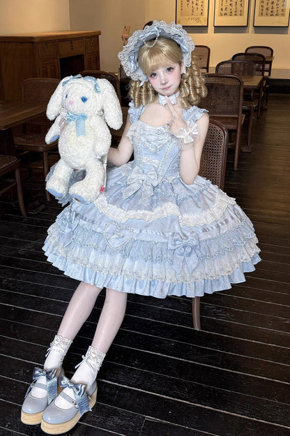 Blue Super Cute Belia Sleeveless Triple-Layered Ruffle Bowknot Lace Sweet Elegant Lolita Jsk Dress