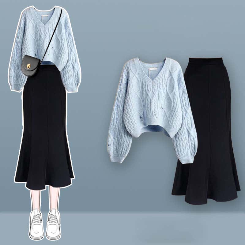 Cross Knit V-neck Skirt Pieces Sweater Two Fishtail