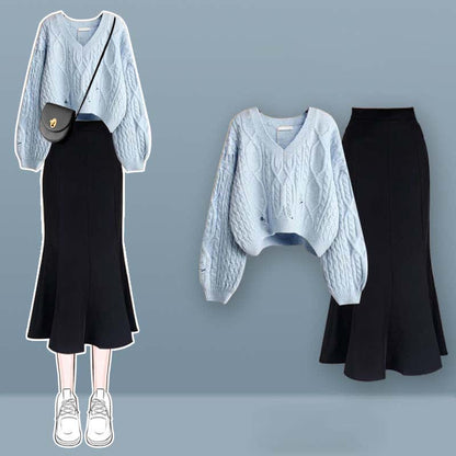 Cross Knit V-neck Skirt Pieces Sweater Two Fishtail