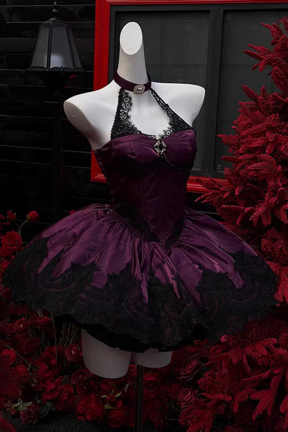 Halterneck Gothic Ballet JSK Dress with Cut-Out Embroidery - Lace Cat