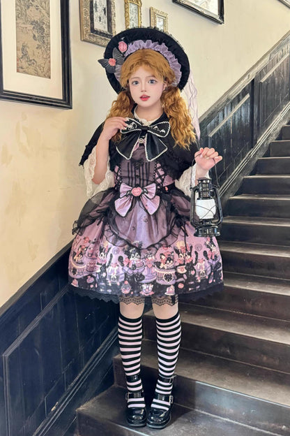 Purple Printed Gothic Lolita JSK Dress with Bowknot Lace and Ruffle