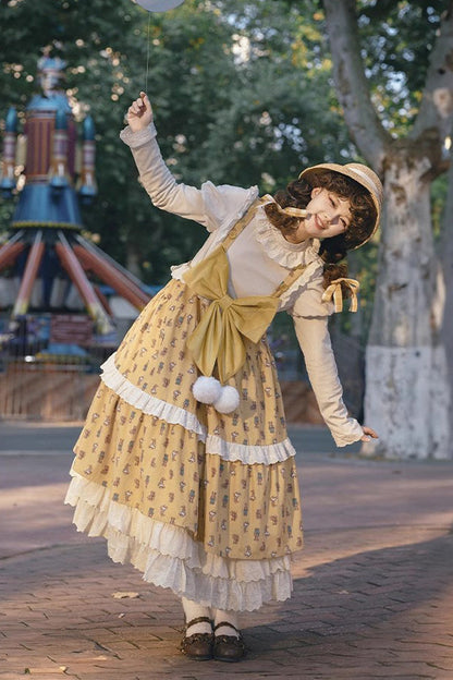 Golden Stuffed Bear Print Bow Sweet JSK Dress