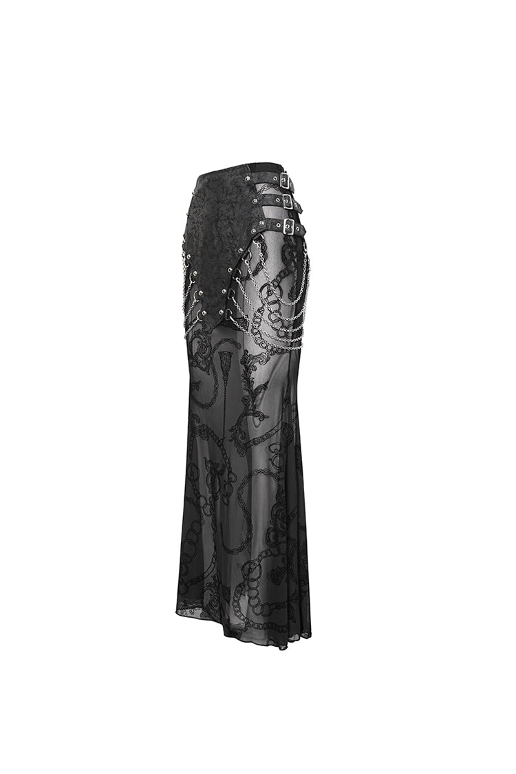 Gothic Fishtail Skirt with Sheer Panels and Chain Accents