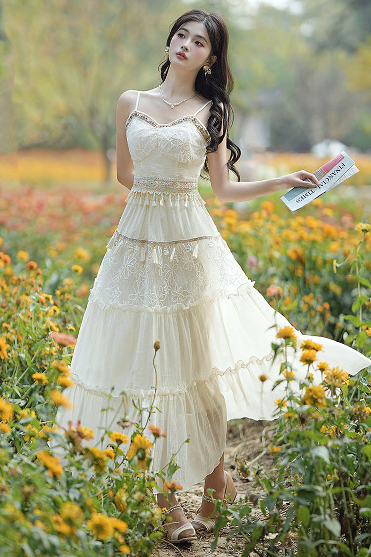 Apricot Bohemian Sleeveless Ruffle Embroidered Sweet Lolita Skirt Set