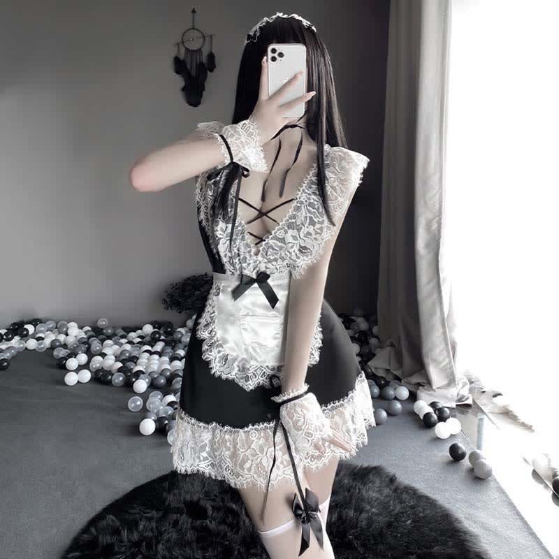 Cosplay Schwarzes Schleife Dienstmädchen Dessous Kleid aus tiefer Spitze