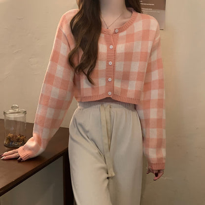 Cardigan Set Plaid Top Sweater Pants Pink White