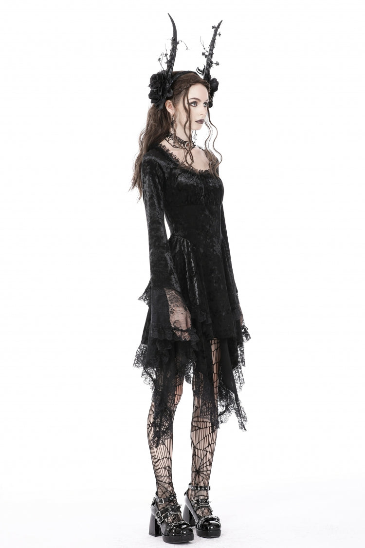 Long Trumpet Sleeve Lace Spliced Black Gothic Velvet Dress