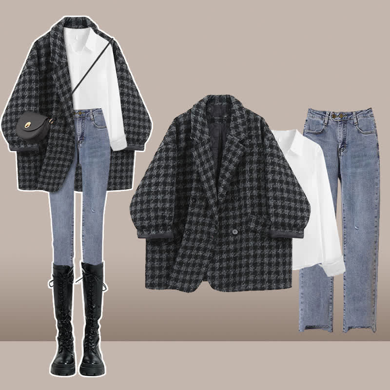 Lattice Blazer Print Lapel Slim Pants T-Shirt Denim Chic