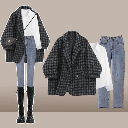 Lattice Blazer Print Lapel Slim Pants T-Shirt Denim Chic