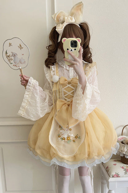 Moon Rabbit Shadow Embroidery Ruffle Bow Lace Sweet Lolita JSK in Yellow