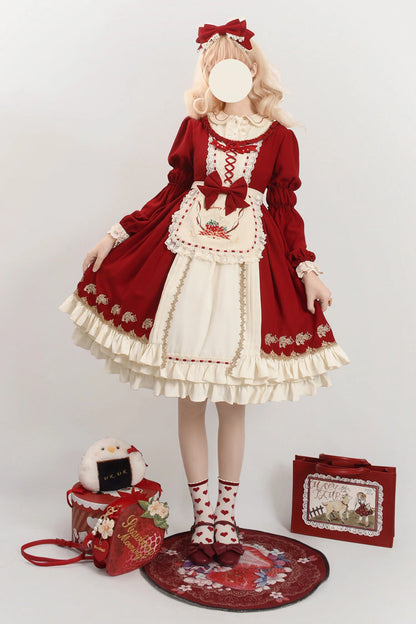 Crimson Tochigi Girl Two-Tier Ruffle Embroidered Cardigan Sweet Lolita Set