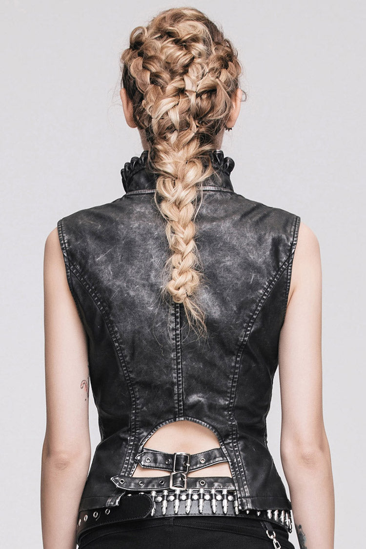 Wave Collar Punk Vest, Hand-Rubbed Leather, Silver Accents - Noir