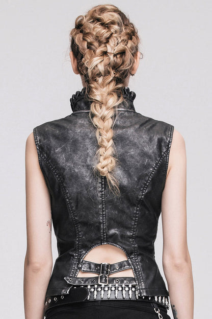 Wave Collar Punk Vest, Hand-Rubbed Leather, Silver Accents - Noir