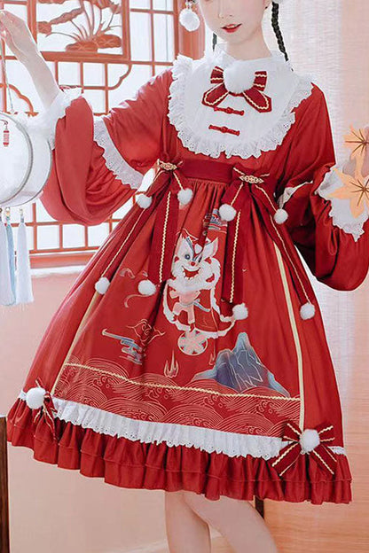 Red OP Dress Sweet Lolita Lion Hydrangea Print Bowknot Ruffled - Altfashion Shop