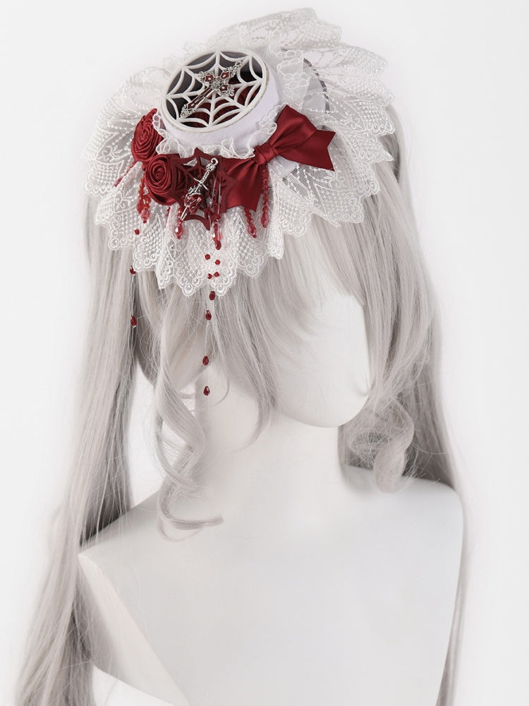 Cross and Sword White Lce Red Rosettes Bowknot Mini Hat