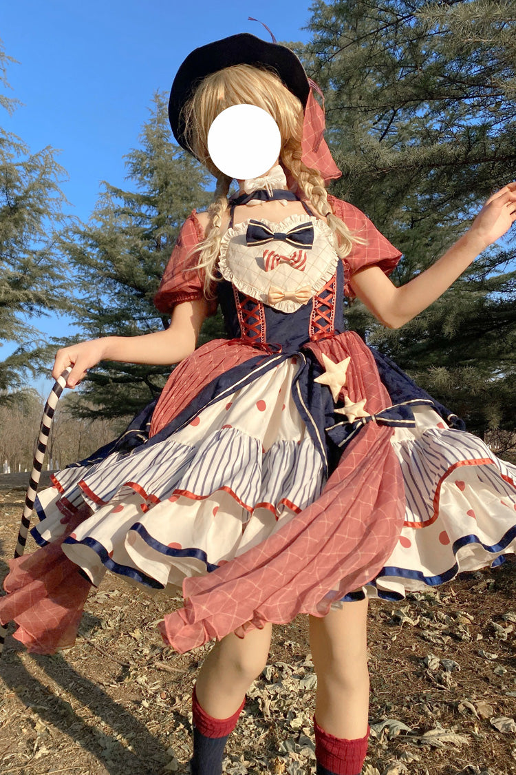 Circus Theme Short-Sleeved Layered Print Ruffled Bow Sweet Dress