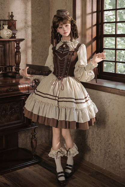 At Sunset Round-Collar Lantern-Sleeved Double-Layered Printed Ruffled Classic Lolita Dress in Beige and Brown, 2 Versions