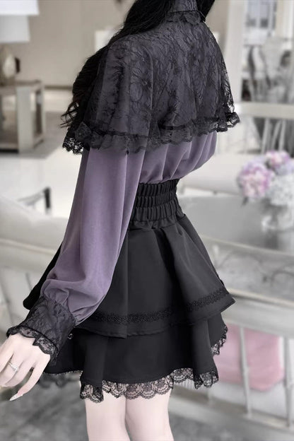 Long Sleeves Double-Layered Ruffled Embroidered Bow Lace-Up Gothic Jirai Kei Lolita Top Skirt Set