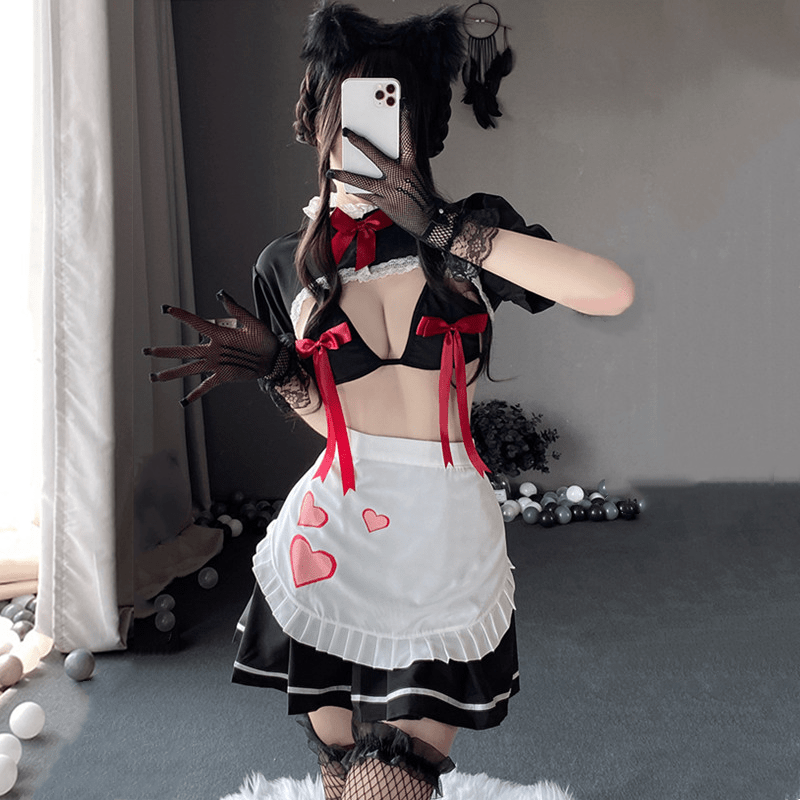 Cosplay Maid Bow Decor Hollow Out Lingerie Set