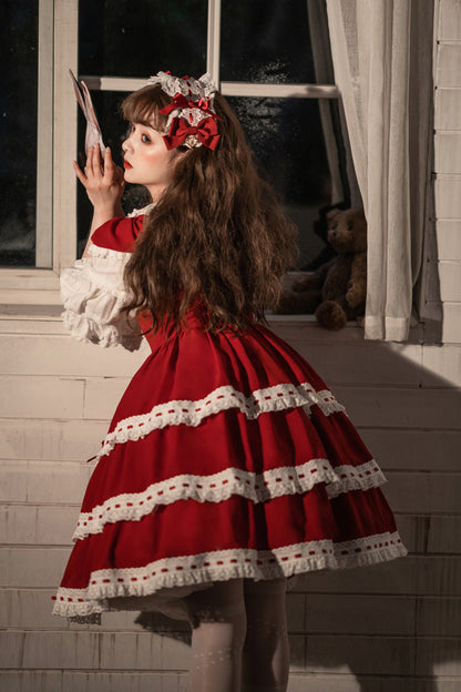 Red Antique Dolls Sweet Lolita Triple-Layered Bowknot JSK Dress