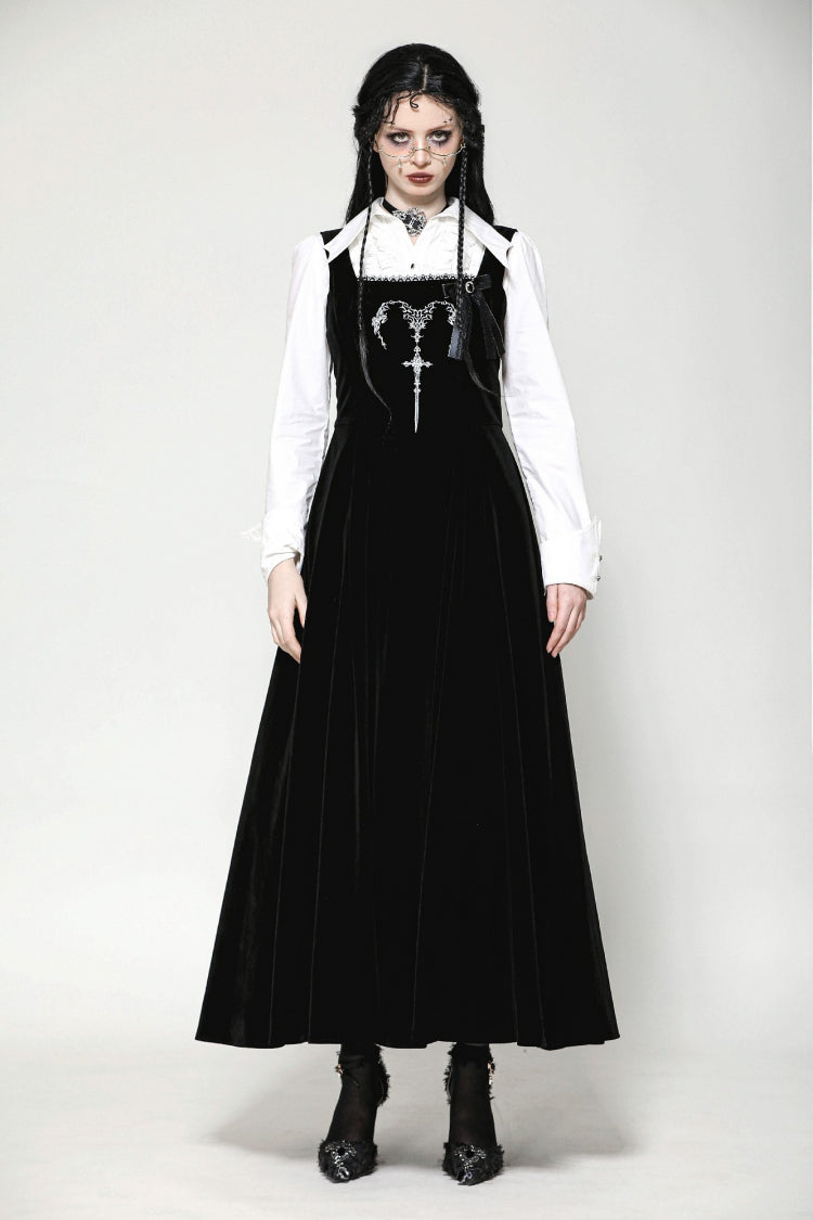 Gothic Women's Velvet Maxi Dress with Embroidered Horns and Lace-Up Back