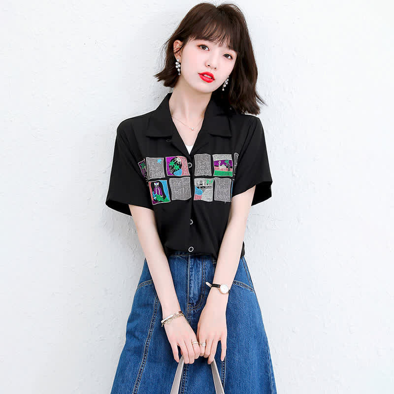 Denim Skirt Laple T-Shirt Embroidery Loose