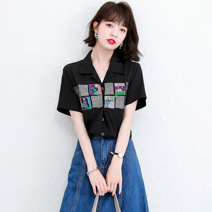 Denim Skirt Laple T-Shirt Embroidery Loose