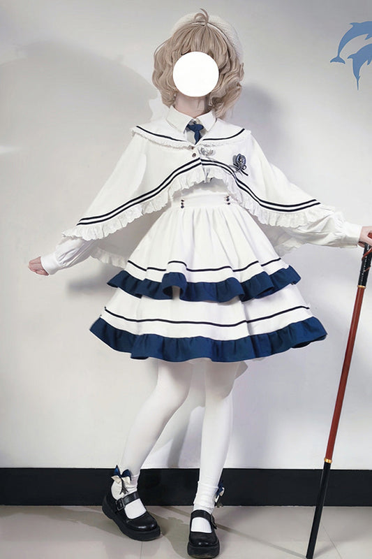 White Long Sleeve Double-Layer Ruffle Sweet College Lolita Dress