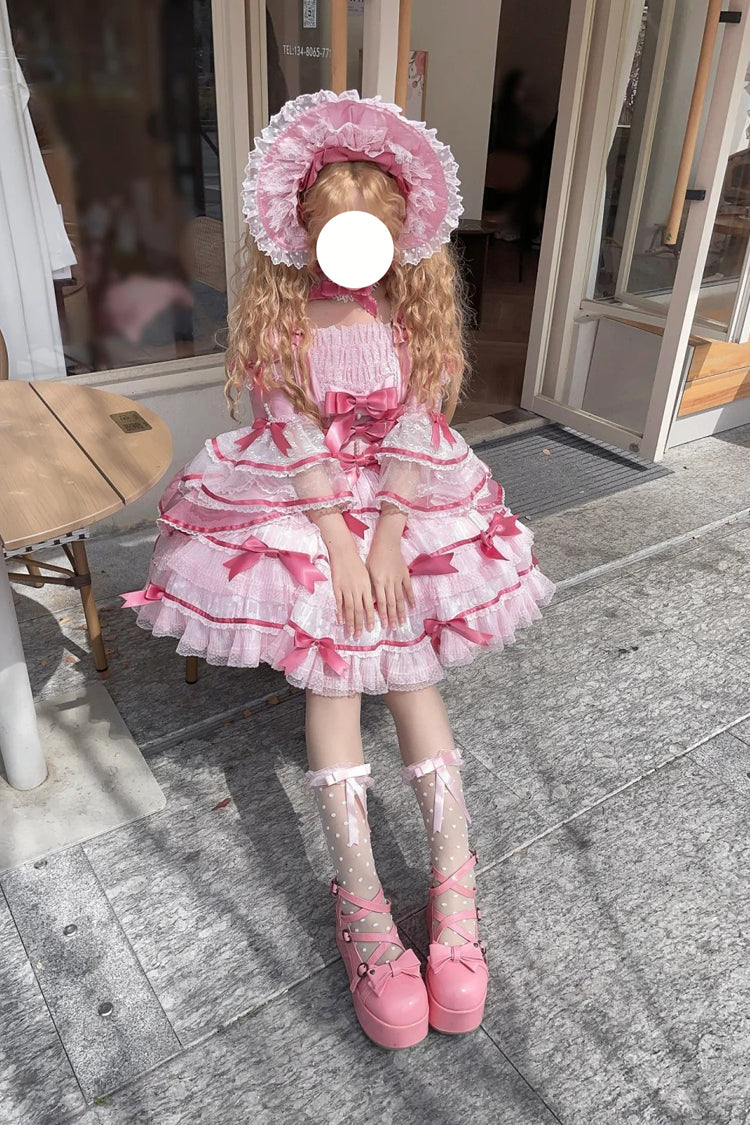 Rose Velvet Cake Long Trumpet Sleeves Multi Ruffle Bow Lace Sweet Lolita Dress