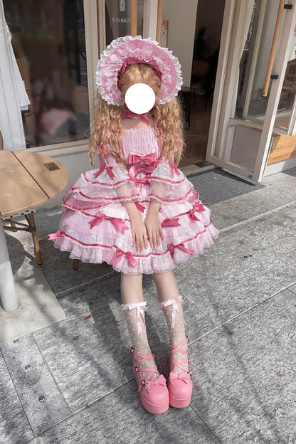 Rose Velvet Cake Long Trumpet Sleeves Multi Ruffle Bow Lace Sweet Lolita Dress