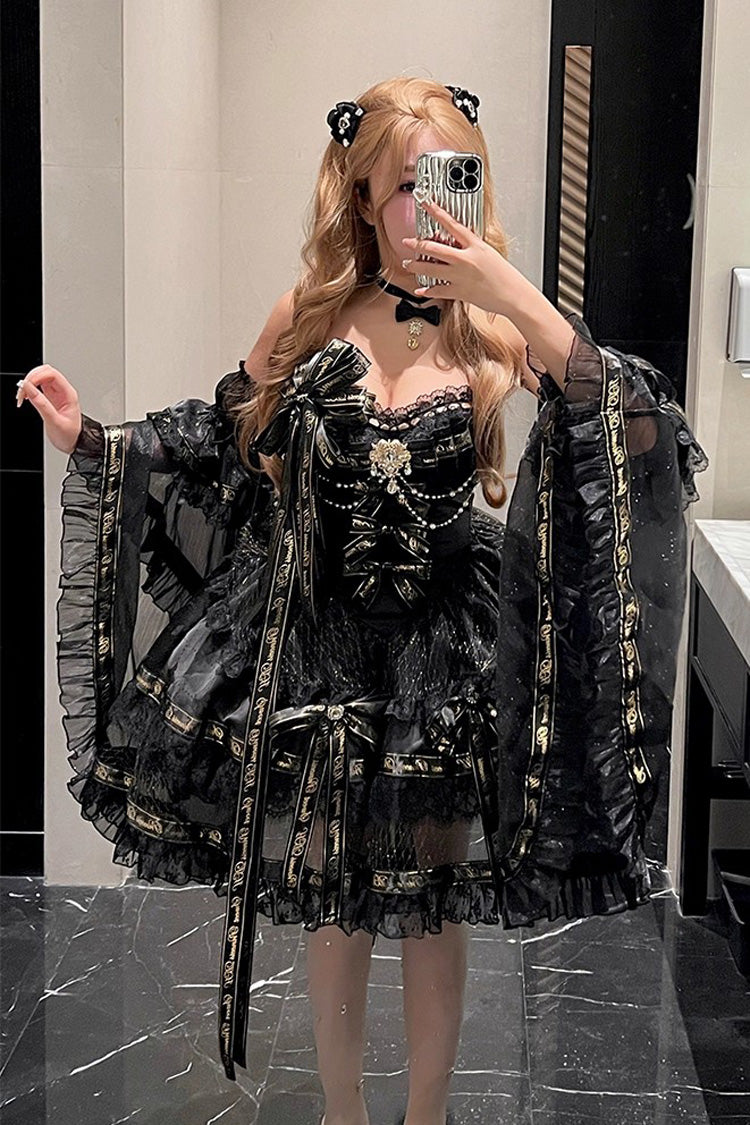Sleeveless Gothic Princess Dress with Double Ruffled Bow and Pearls - Golden Obsidian Night