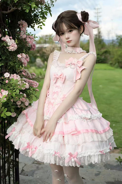 Rose Cherry Prelude Square Neck Sleeveless Layered Ruffled Bow Lace Embellished JSK Gown