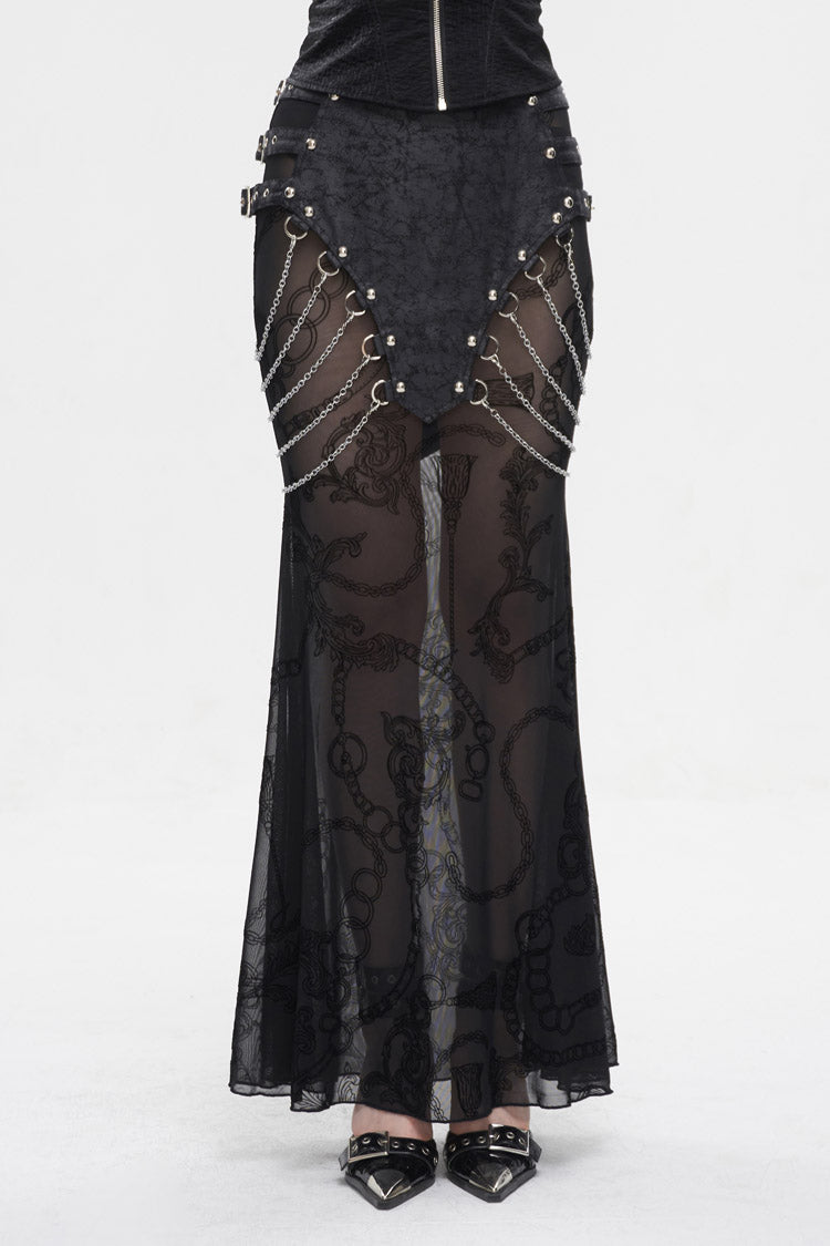 Gothic Fishtail Skirt with Sheer Panels and Chain Accents