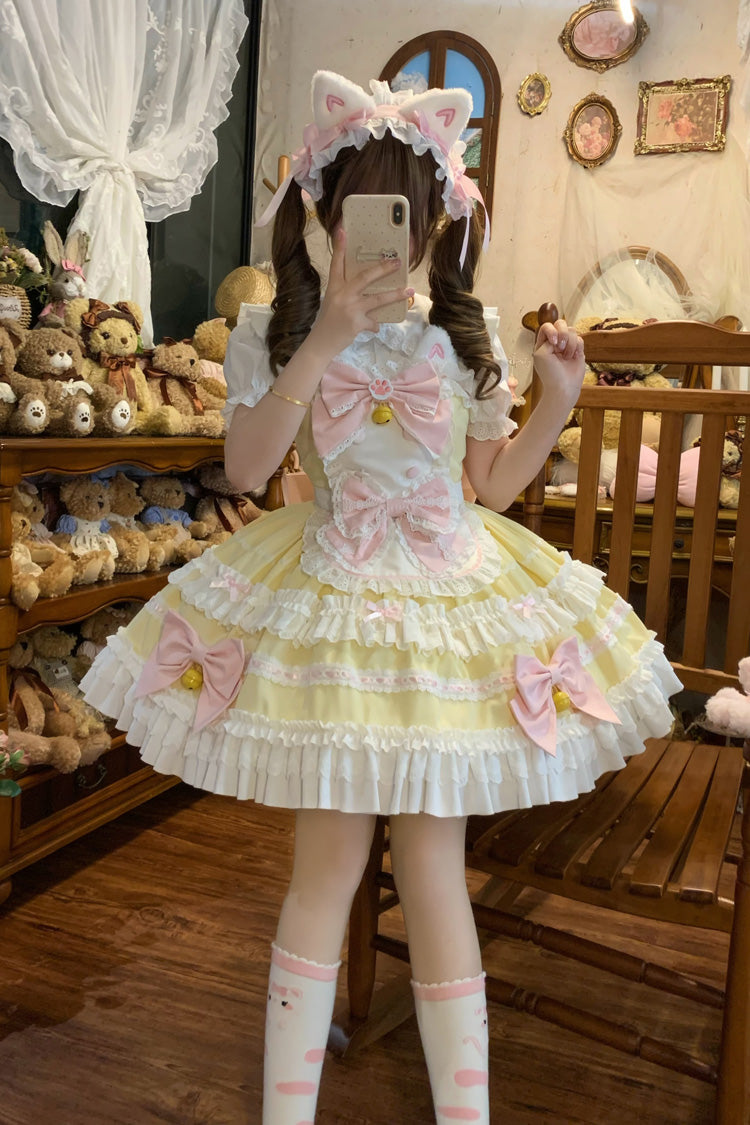 Meowling Sweet Maid Sleeveless Multi Layer Ruffle Bow Lace Princess Lolita JSK in Yellow