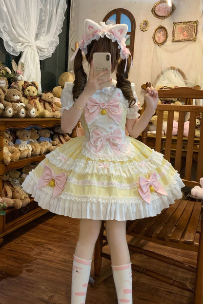 Meowling Sweet Maid Sleeveless Multi Layer Ruffle Bow Lace Princess Lolita JSK in Yellow