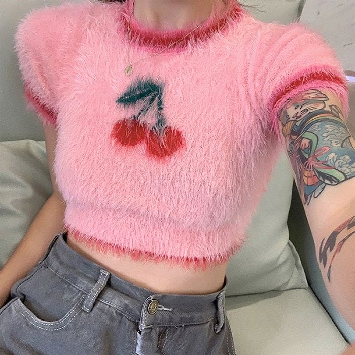 Cherry Fuzzy Crop Top - Free Size / Pink - Tops